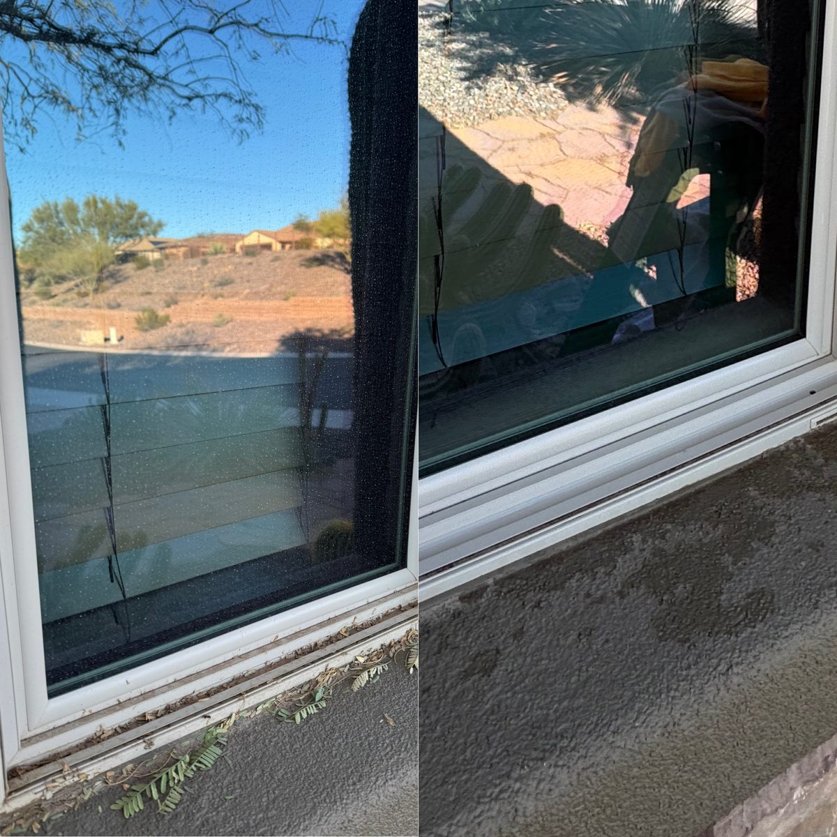 Before and after of a window pane: hazy and water-spotted on the left, crystal clear on the right