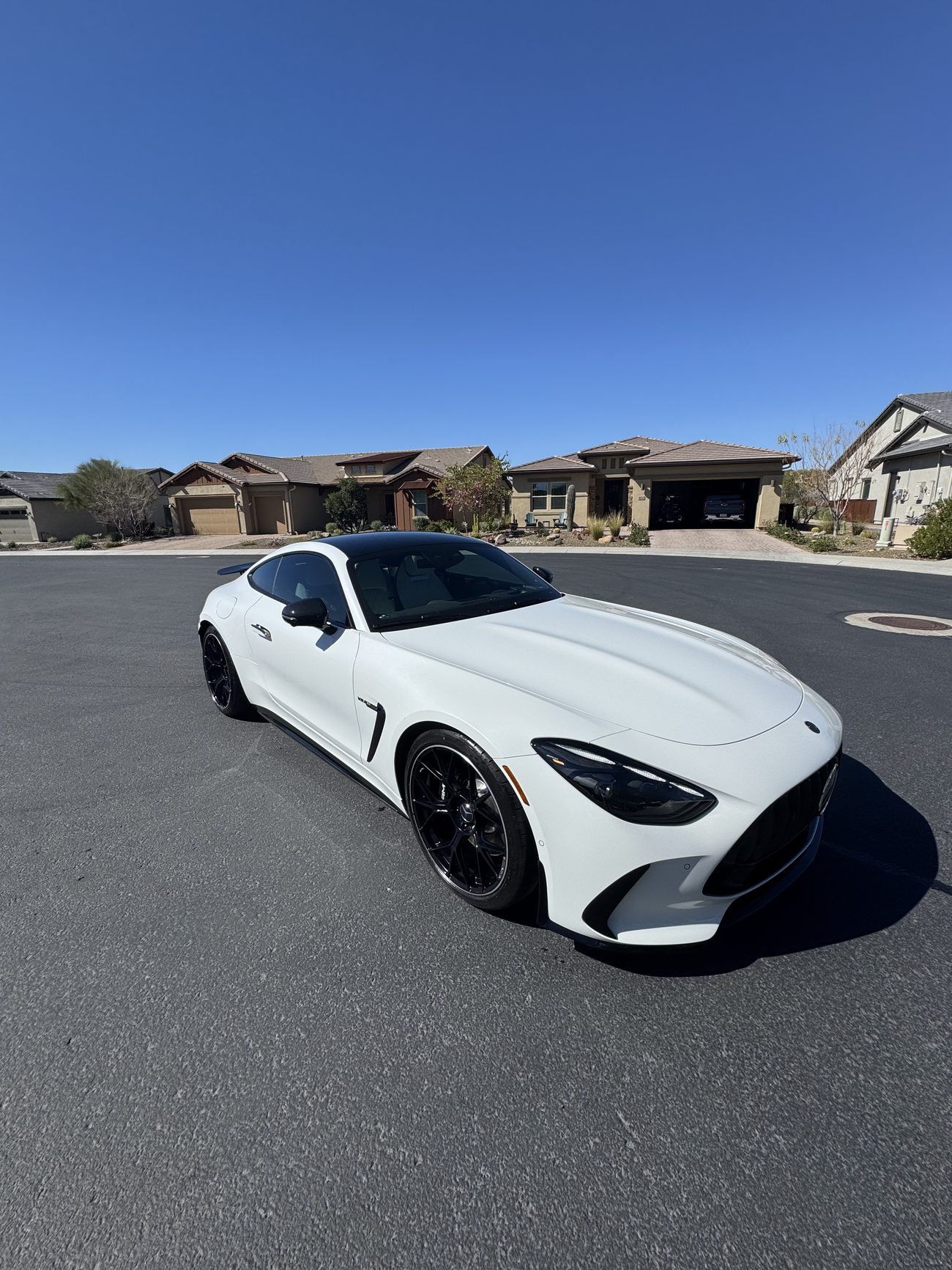 Detailed white Mercedes-AMG GT gleaming in the sun